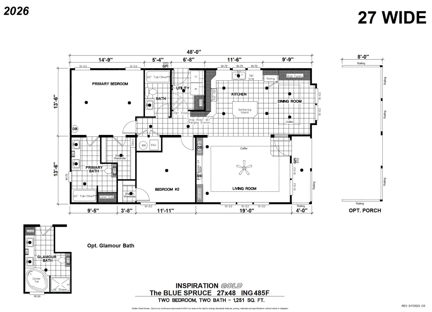 The ING485F BLUE SPRUCE         GW Floor Plan. This Manufactured Mobile Home features 2 bedrooms and 2 baths.