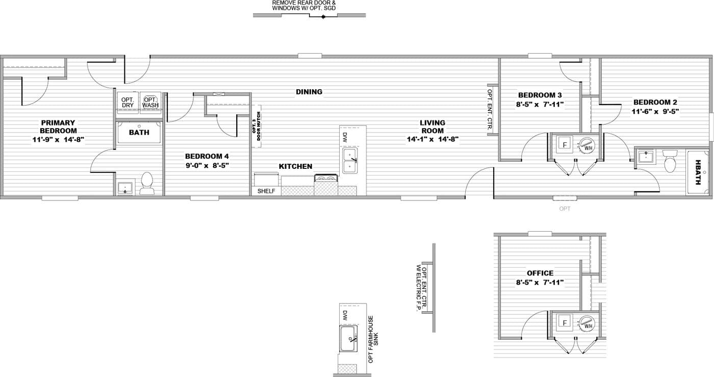 The GLACIER VISTA Floor Plan. This Manufactured Mobile Home features 4 bedrooms and 2 baths.