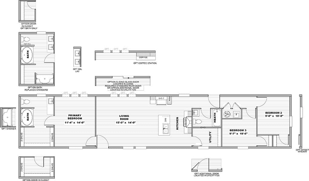 The RALLY Floor Plan. This Manufactured Mobile Home features 3 bedrooms and 2 baths.