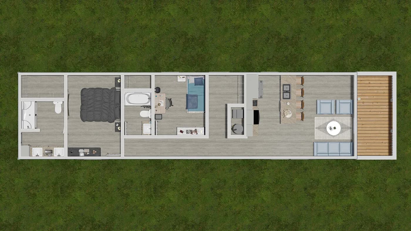 The 5400 "WILDWOOD" 58'4X16 Floor Plan. This Manufactured Mobile Home features 2 bedrooms and 2 baths.