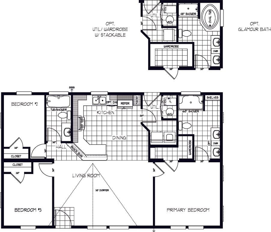 The K2744A Floor Plan. This Manufactured Mobile Home features 3 bedrooms and 2 baths.