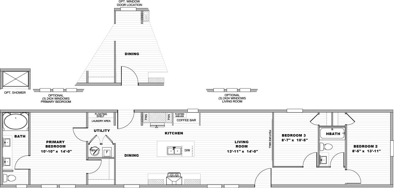 The HUDSON Floor Plan. This Manufactured Mobile Home features 3 bedrooms and 2 baths.