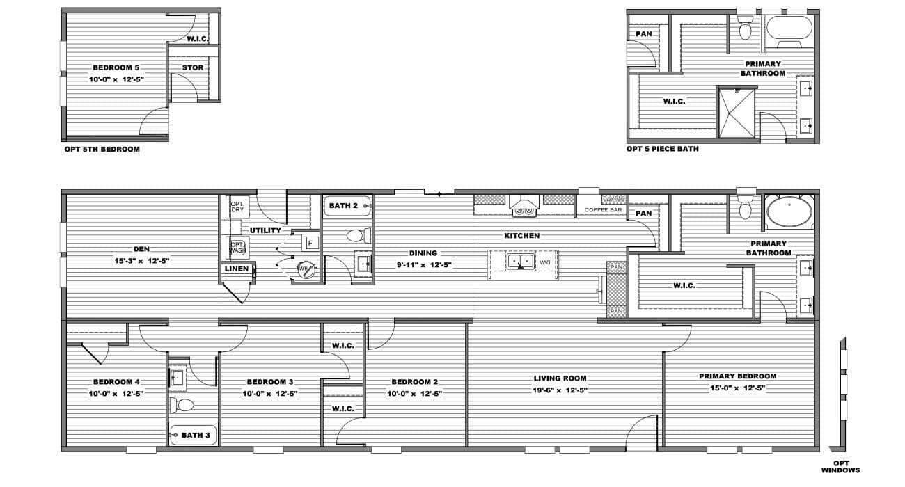 The SEVIER Floor Plan. This Manufactured Mobile Home features 4 bedrooms and 3 baths.