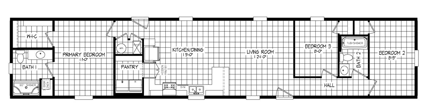 The RIGHT CHOICE 223 Floor Plan. This Manufactured Mobile Home features 3 bedrooms and 2 baths.