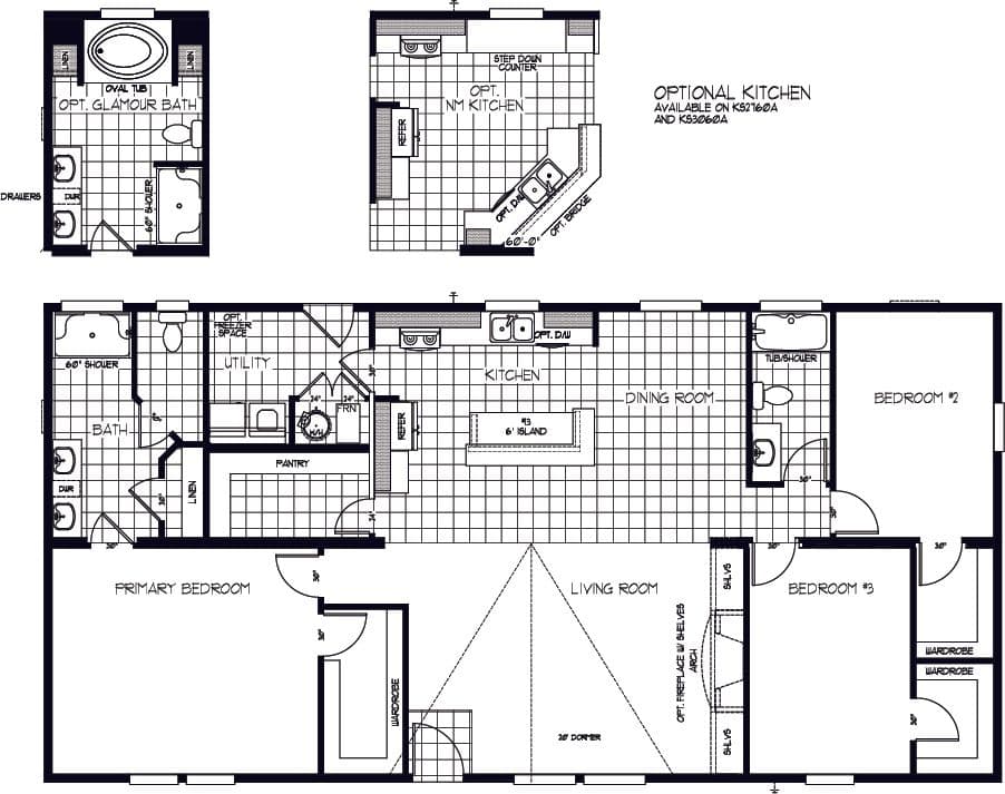 The K3060A Floor Plan. This Manufactured Mobile Home features 3 bedrooms and 2 baths.