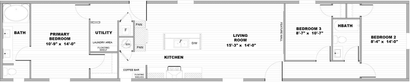 The ZION Floor Plan. This Manufactured Mobile Home features 3 bedrooms and 2 baths.