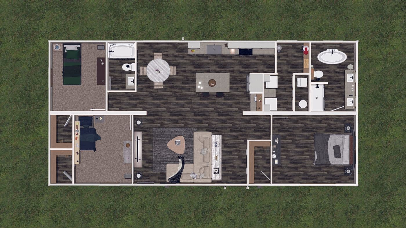 The LIZZIE 3D Floor Plan. This Manufactured Mobile Home features 3 bedrooms and 2 baths.