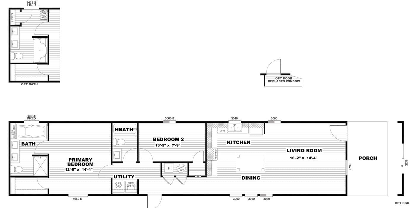 The PORCH LIVING SERIES 16682A Floor Plan. This Manufactured Mobile Home features 2 bedrooms and 2 baths.