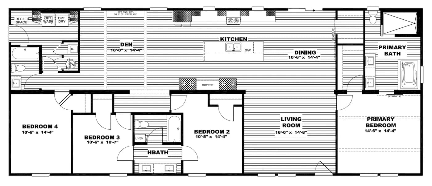 The BOUJEE LUX Floor Plan. This Manufactured Mobile Home features 4 bedrooms and 3 baths.