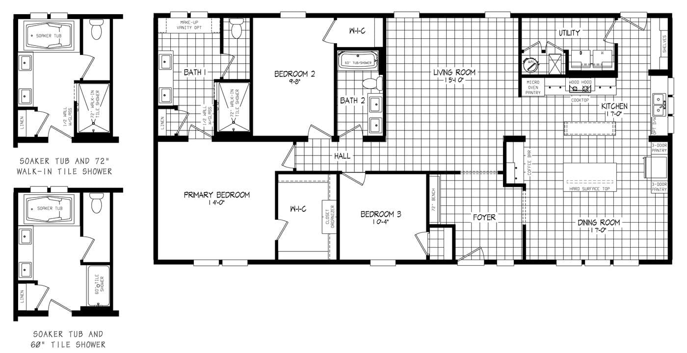 The ENCORE Floor Plan. This Manufactured Mobile Home features 3 bedrooms and 2 baths.