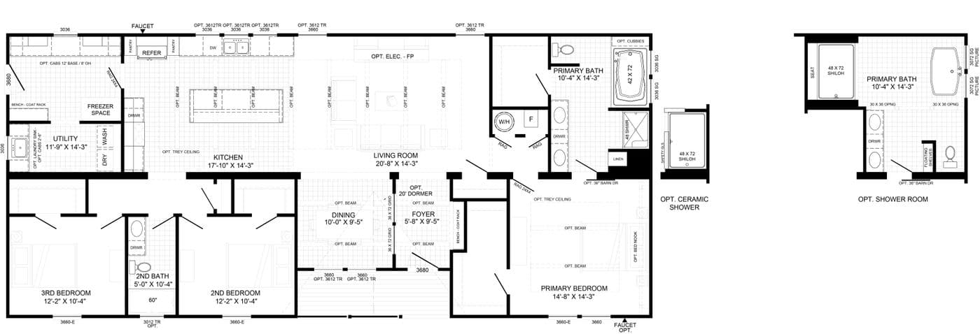 The THE MILL HOUSE Floor Plan. This Manufactured Mobile Home features 3 bedrooms and 2 baths.
