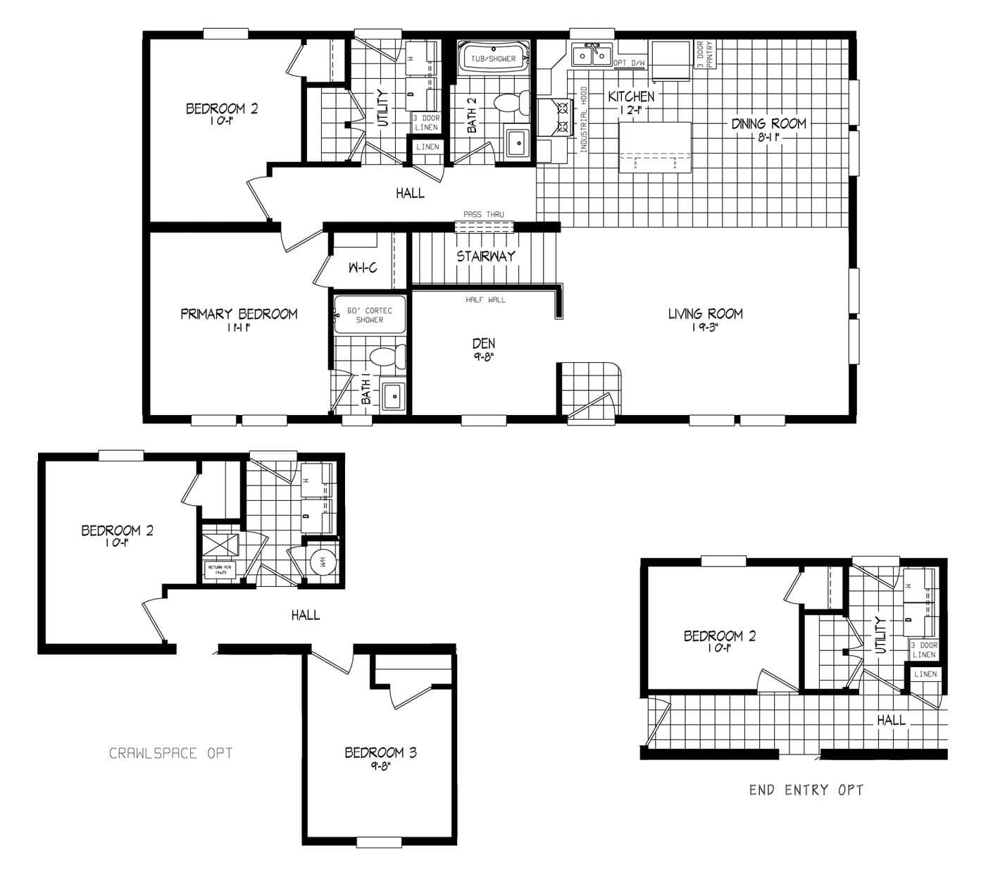 The LEGEND 76-6 MOD Floor Plan. This Modular Home features 3 bedrooms and 2 baths.