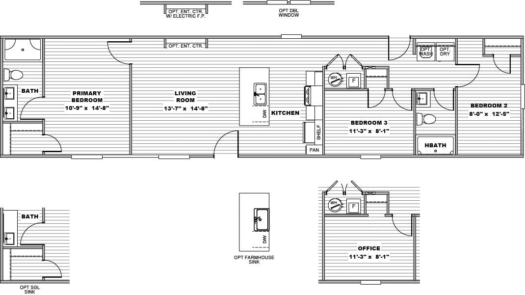 The FOOTHILLS 66 Floor Plan. This Manufactured Mobile Home features 3 bedrooms and 2 baths.