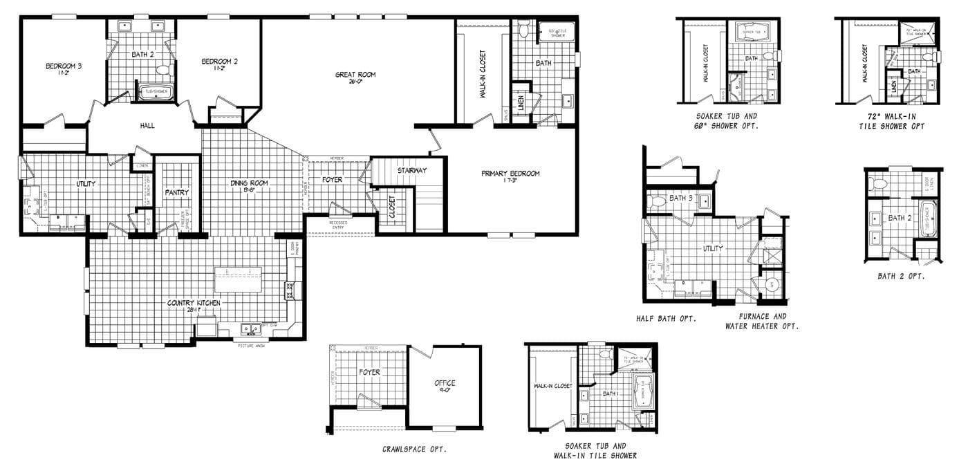 The LEGEND 572-1 MOD Floor Plan. This Modular Home features 3 bedrooms and 2 baths.
