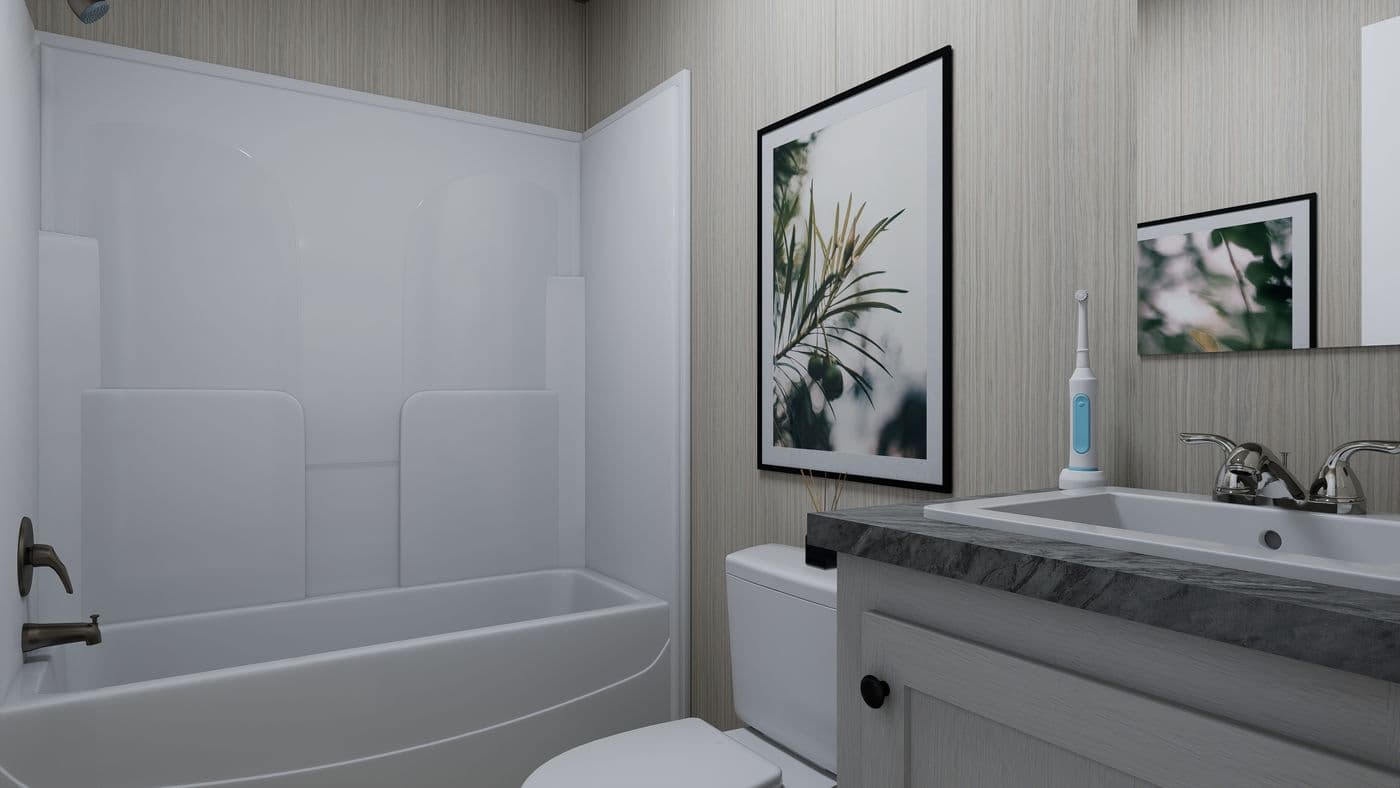The FOOTHILLS 66 Guest Bathroom. This Manufactured Mobile Home features 3 bedrooms and 2 baths.