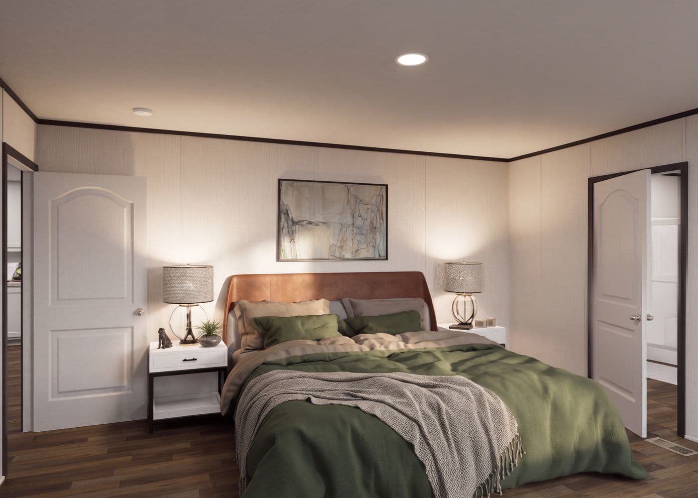 The THE FUSION 32H Primary Bedroom. This Manufactured Mobile Home features 5 bedrooms and 3 baths.