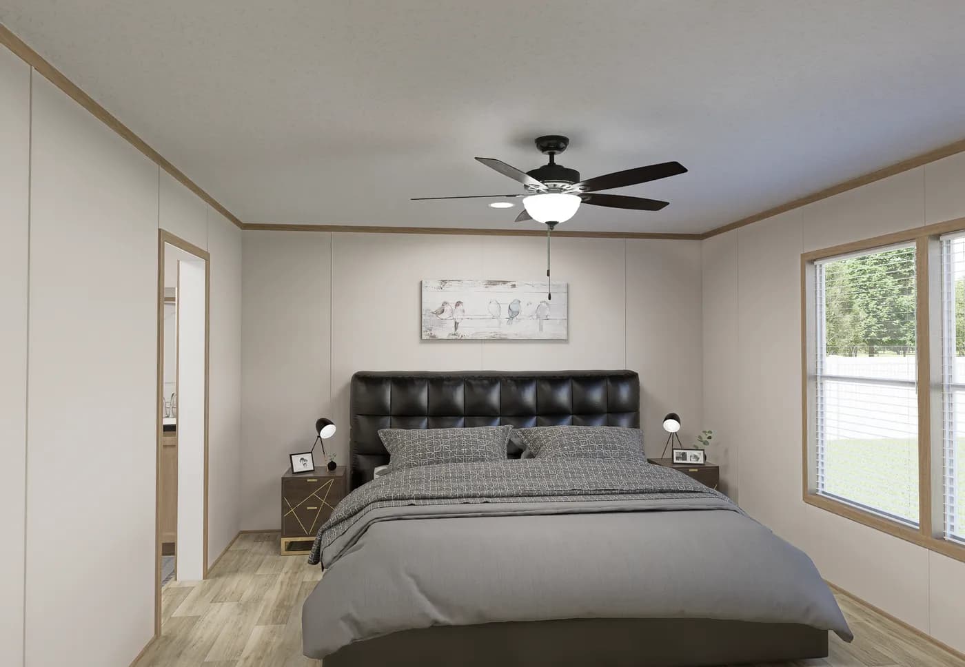 The THE MOUNTAINEER 72 Primary Bedroom. This Manufactured Mobile Home features 3 bedrooms and 2 baths.