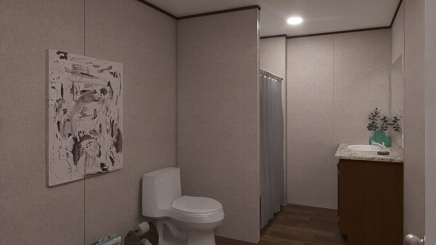 The SPRUCE Primary Bathroom. This Manufactured Mobile Home features 3 bedrooms and 2 baths.