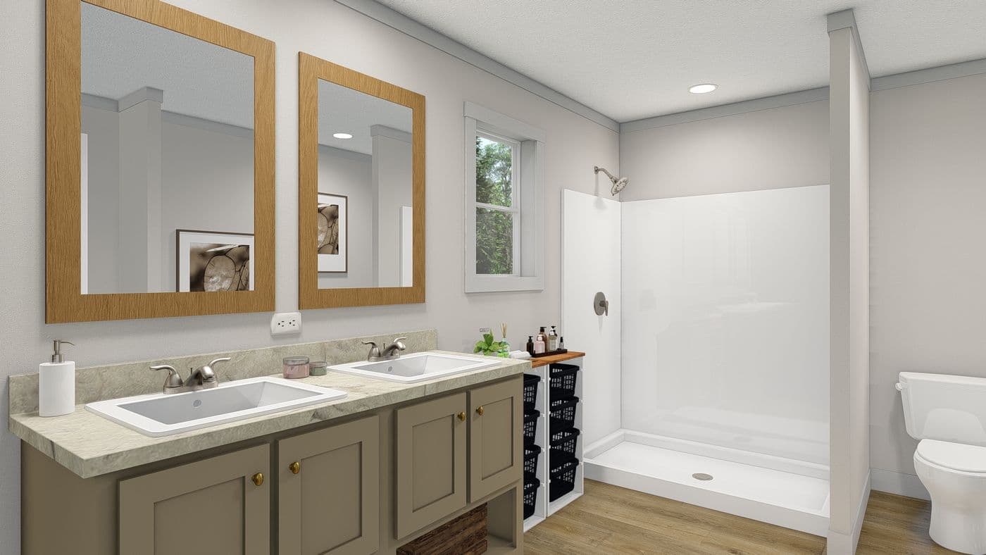 The 2003 "ROCKET MAN" 6628 Primary Bathroom. This Manufactured Mobile Home features 3 bedrooms and 2 baths.