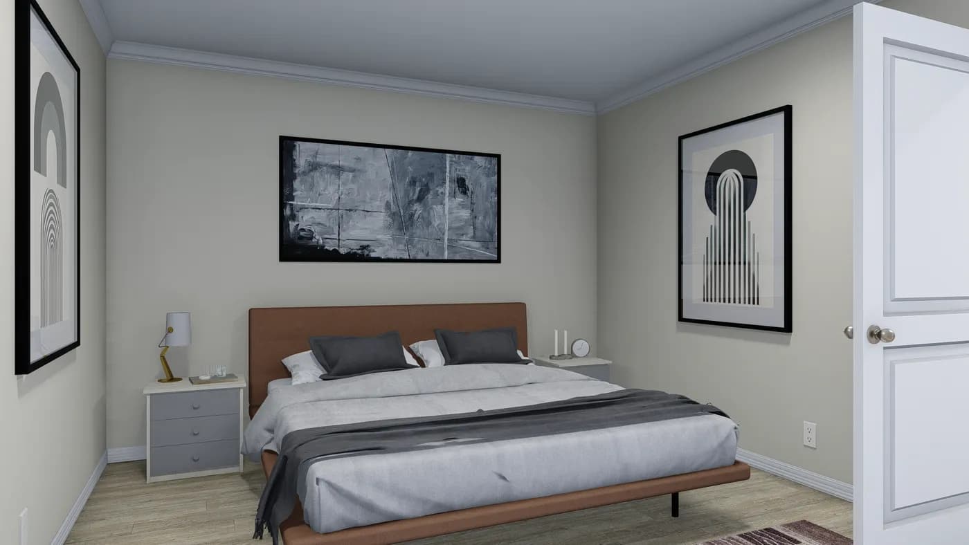 The 5404 "FONTANA" 7616 Primary Bedroom. This Manufactured Mobile Home features 3 bedrooms and 2 baths.