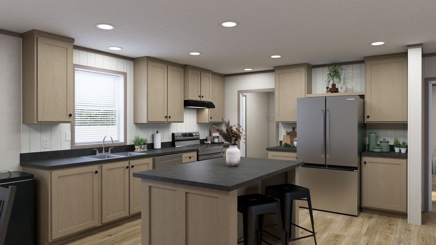 The 5628-CC52 COMPASS 56 Kitchen. This Manufactured Mobile Home features 3 bedrooms and 2 baths.