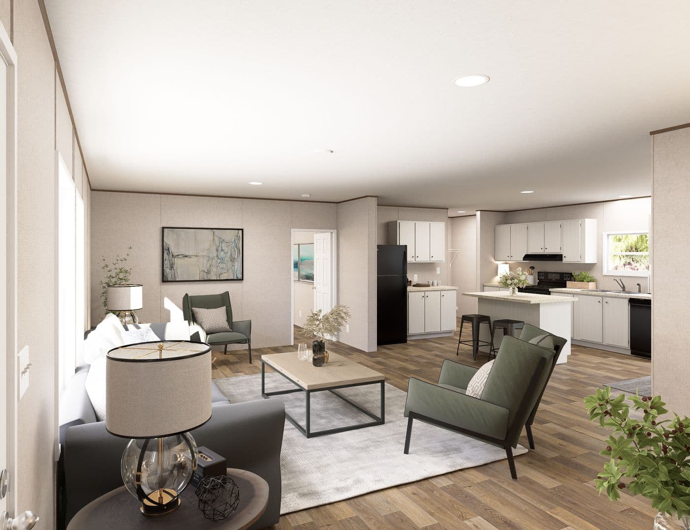 The SPRUCE Living Room. This Manufactured Mobile Home features 3 bedrooms and 2 baths.
