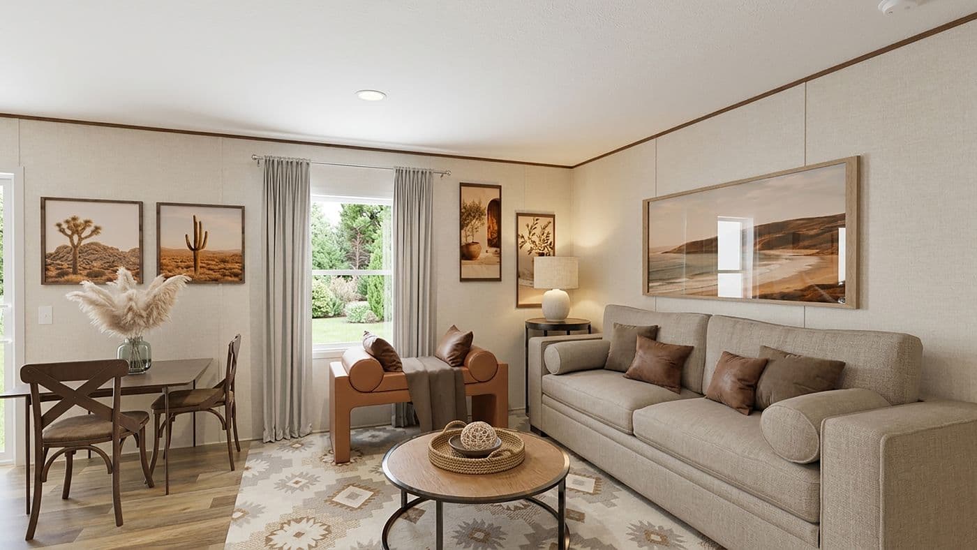 The ASPEN Living Room. This Manufactured Mobile Home features 3 bedrooms and 2 baths.