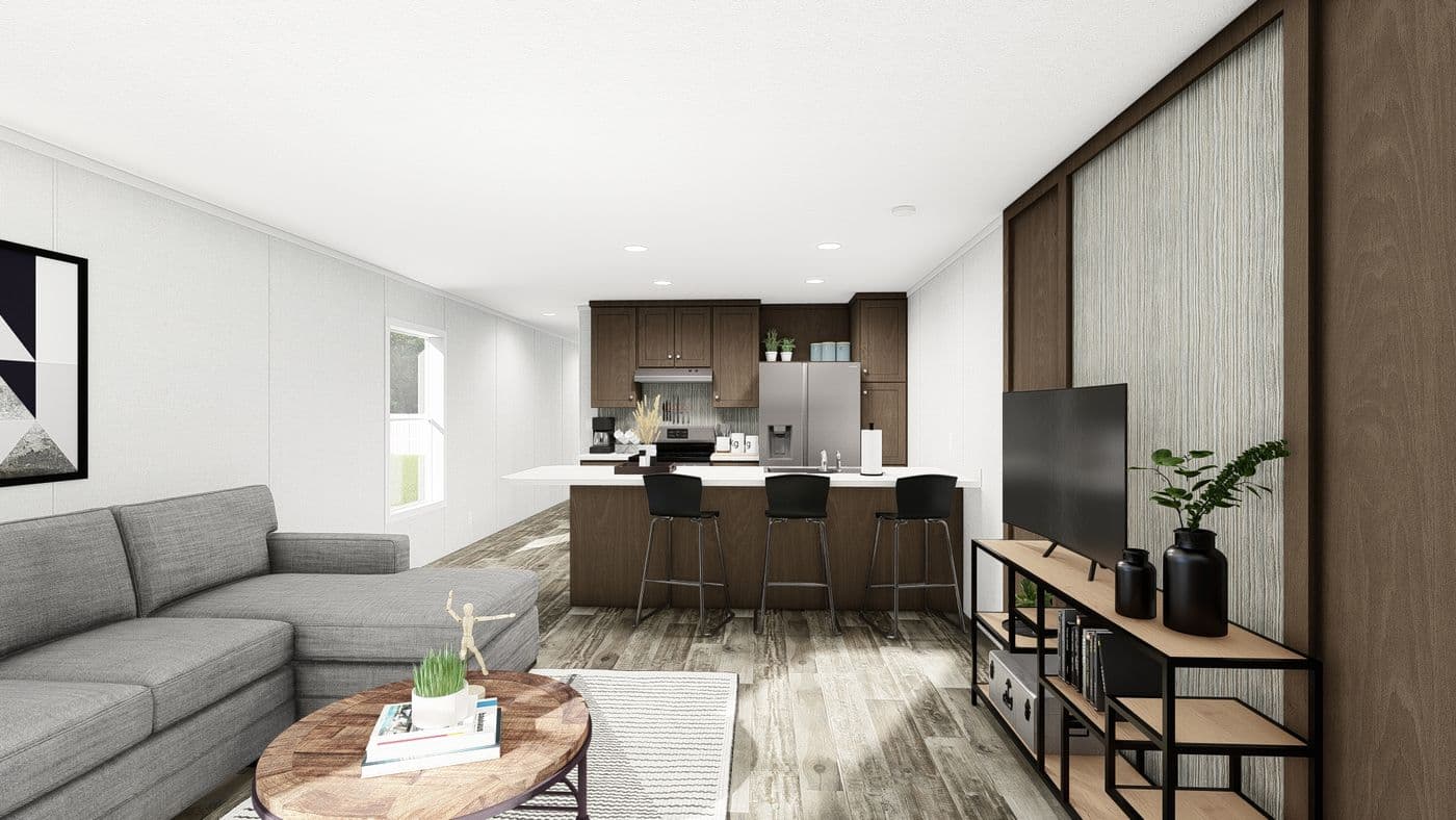 The PERIDOT Living Room. This Manufactured Mobile Home features 2 bedrooms and 1 bath.