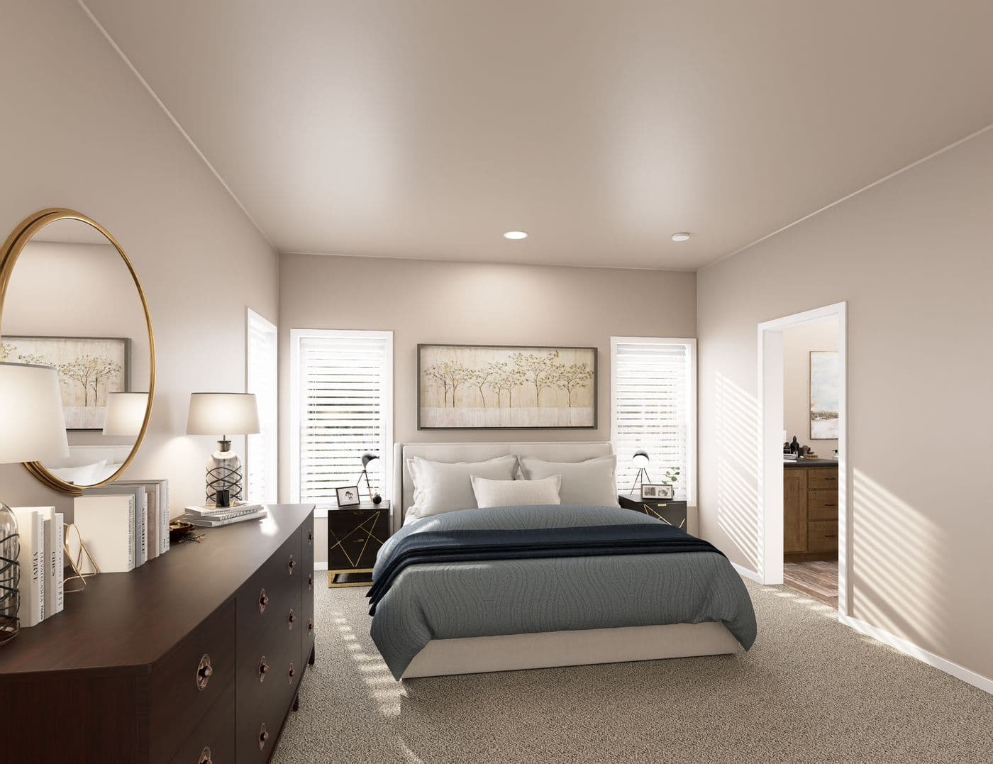 The PREFERRED PLUS CP601F  CLAYTON Primary Bedroom. This Manufactured Mobile Home features 3 bedrooms and 2 baths.
