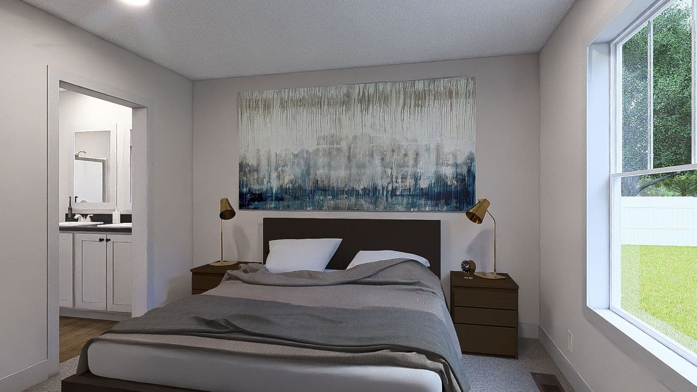 The RISING SUN Primary Bedroom. This Manufactured Mobile Home features 2 bedrooms and 2 baths.