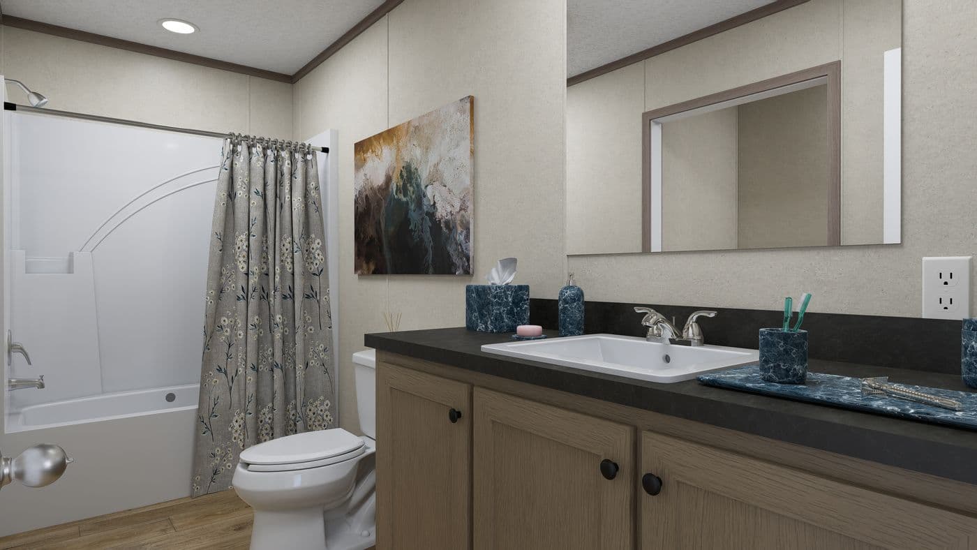 The 5628-CC52 COMPASS 56 Primary Bathroom. This Manufactured Mobile Home features 3 bedrooms and 2 baths.