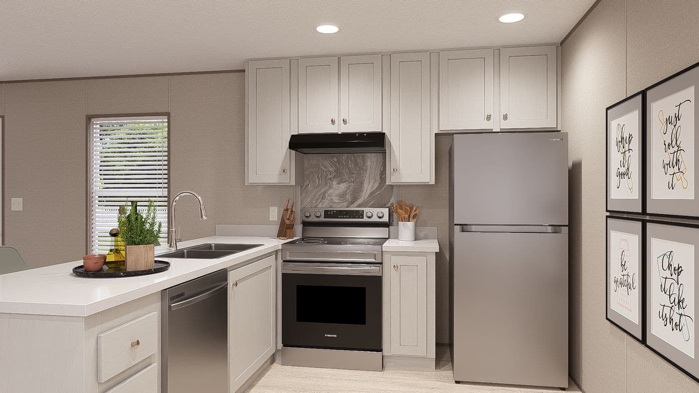 The BLAZER 48 A Kitchen. This Manufactured Mobile Home features 2 bedrooms and 1 bath.