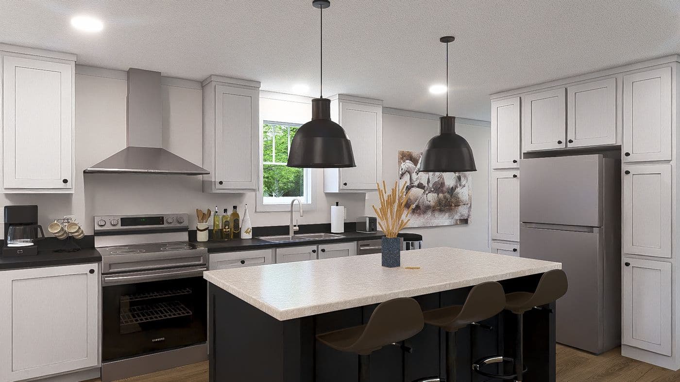 The JOHNNY B GOODE Kitchen. This Modular Home features 3 bedrooms and 2 baths.