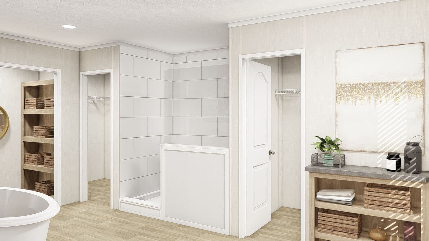 The THE RESERVE 76 Primary Bathroom. This Manufactured Mobile Home features 4 bedrooms and 2 baths.