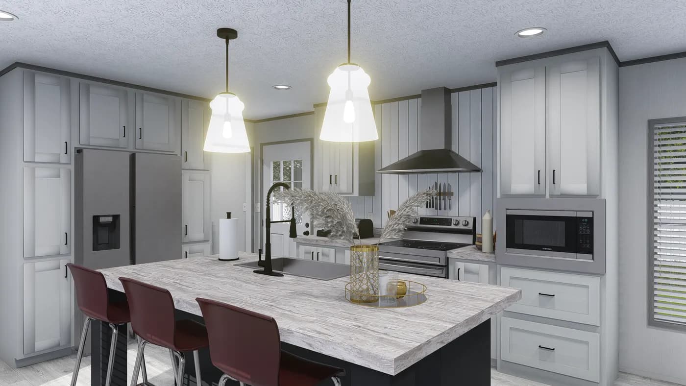 The REV 76 Kitchen. This Manufactured Mobile Home features 3 bedrooms and 2 baths.