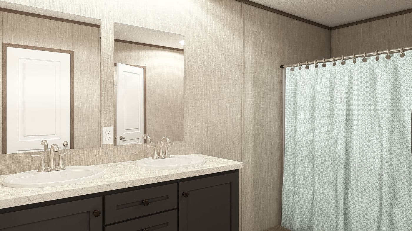 The LEGEND 28X56 3 BR Primary Bathroom. This Manufactured Mobile Home features 3 bedrooms and 2 baths.