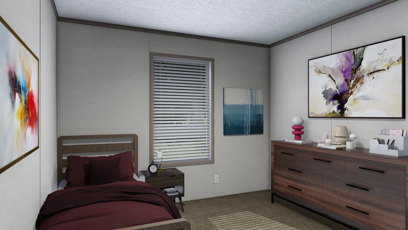 The 5628-E845P THE PULSE Guest Bedroom. This Manufactured Mobile Home features 3 bedrooms and 2 baths.