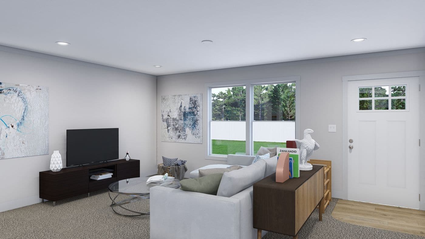 The SUPERFLY Living Room. This Modular Home features 5 bedrooms and 2 baths.