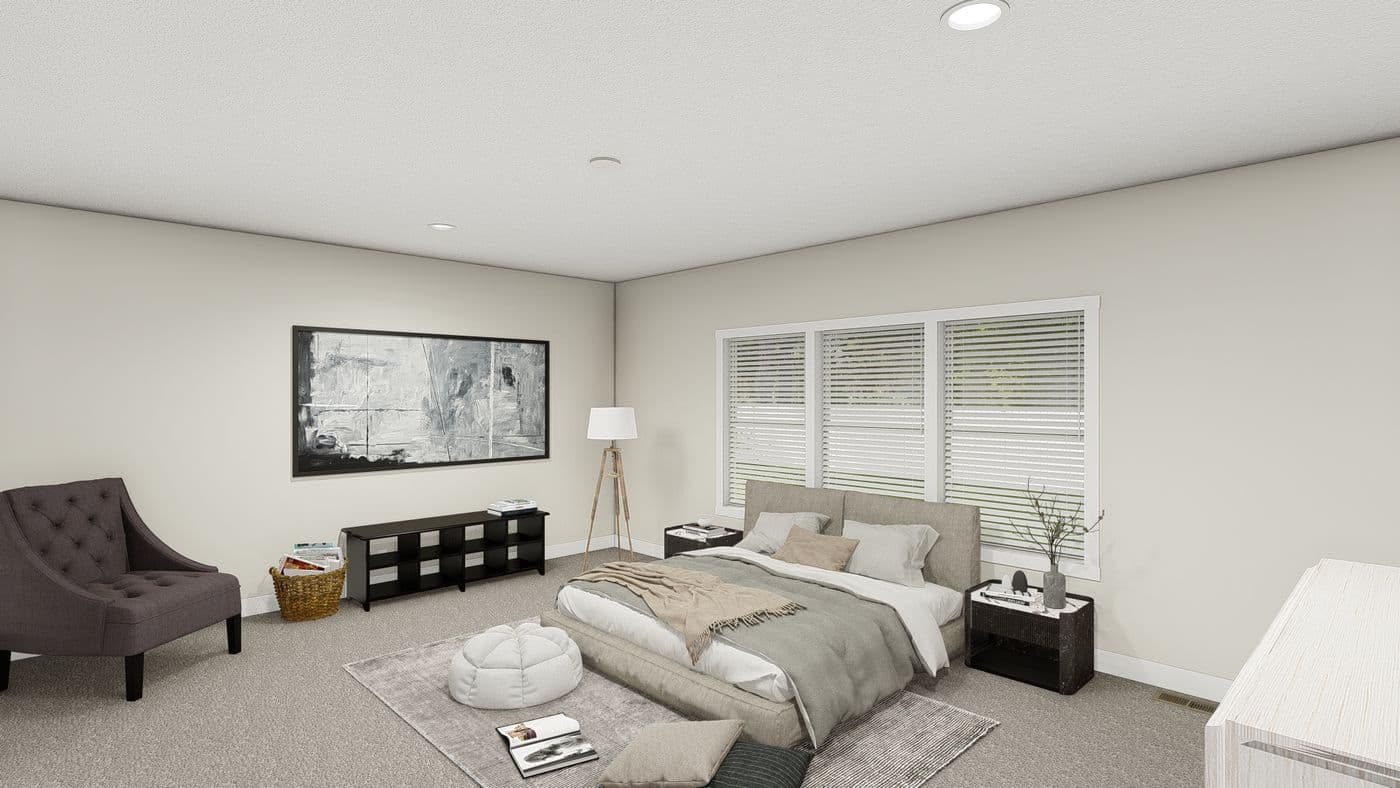 The HIP-4266-4B            SUBLIME Primary Bedroom. This Manufactured Mobile Home features 4 bedrooms and 2.5 baths.
