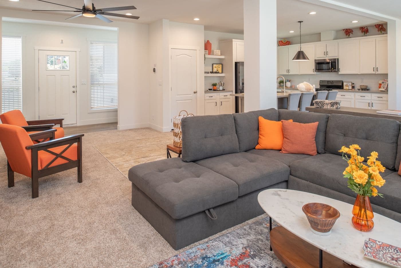 The HCP 4260-4A            LORETTA Living Room. This Manufactured Mobile Home features 4 bedrooms and 3 baths.