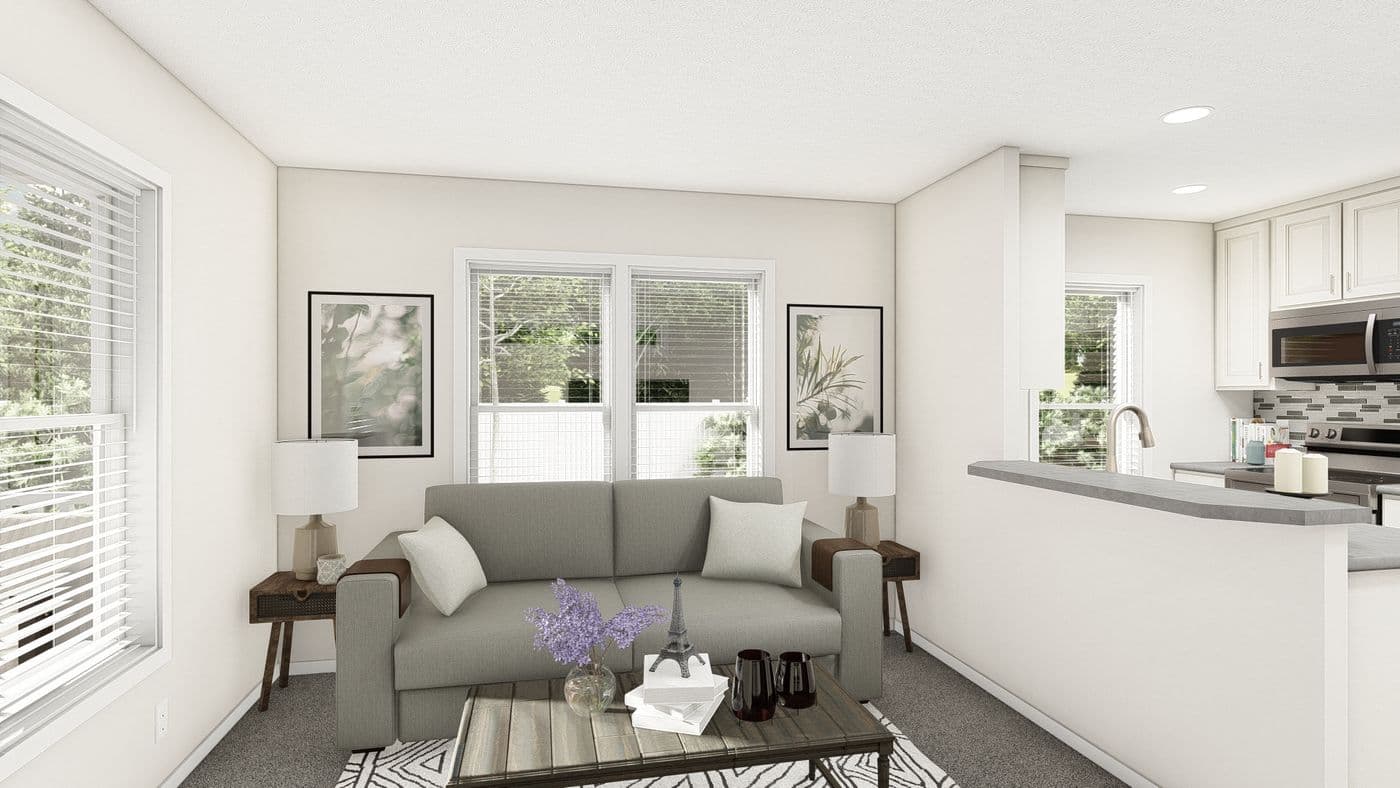 The DRM401M 40'              DREAM Living Room. This Manufactured Mobile Home features 1 bedroom and 1 bath.