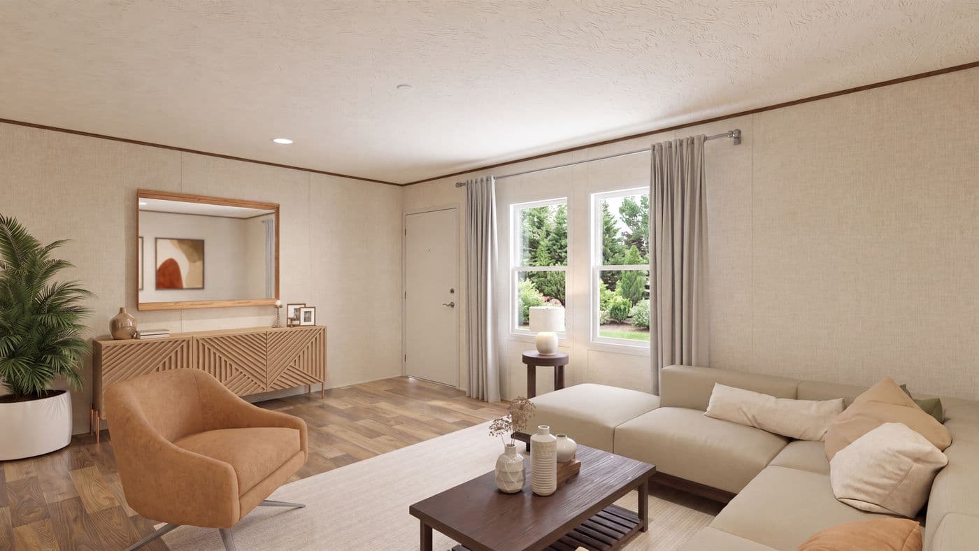 The OAK Living Room. This Manufactured Mobile Home features 4 bedrooms and 2 baths.