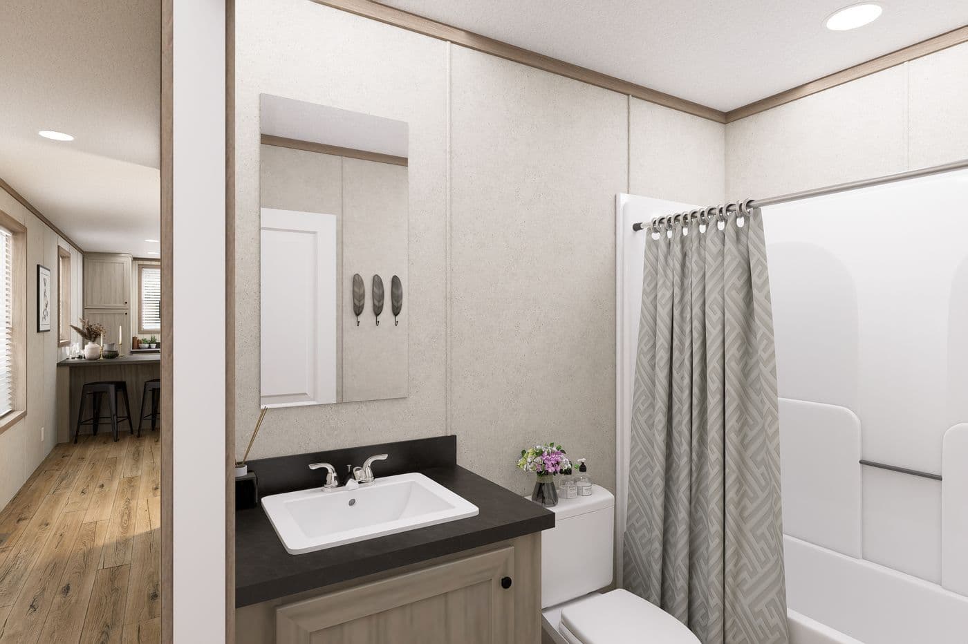 The 7216-CC01 CORNERSTONE 72 Guest Bathroom. This Manufactured Mobile Home features 3 bedrooms and 2 baths.