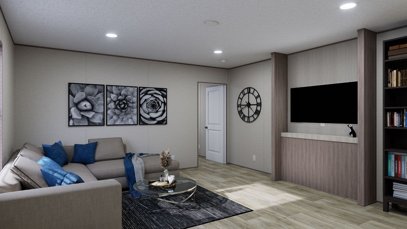 The FOOTHILLS 76 Living Room. This Manufactured Mobile Home features 3 bedrooms and 2 baths.
