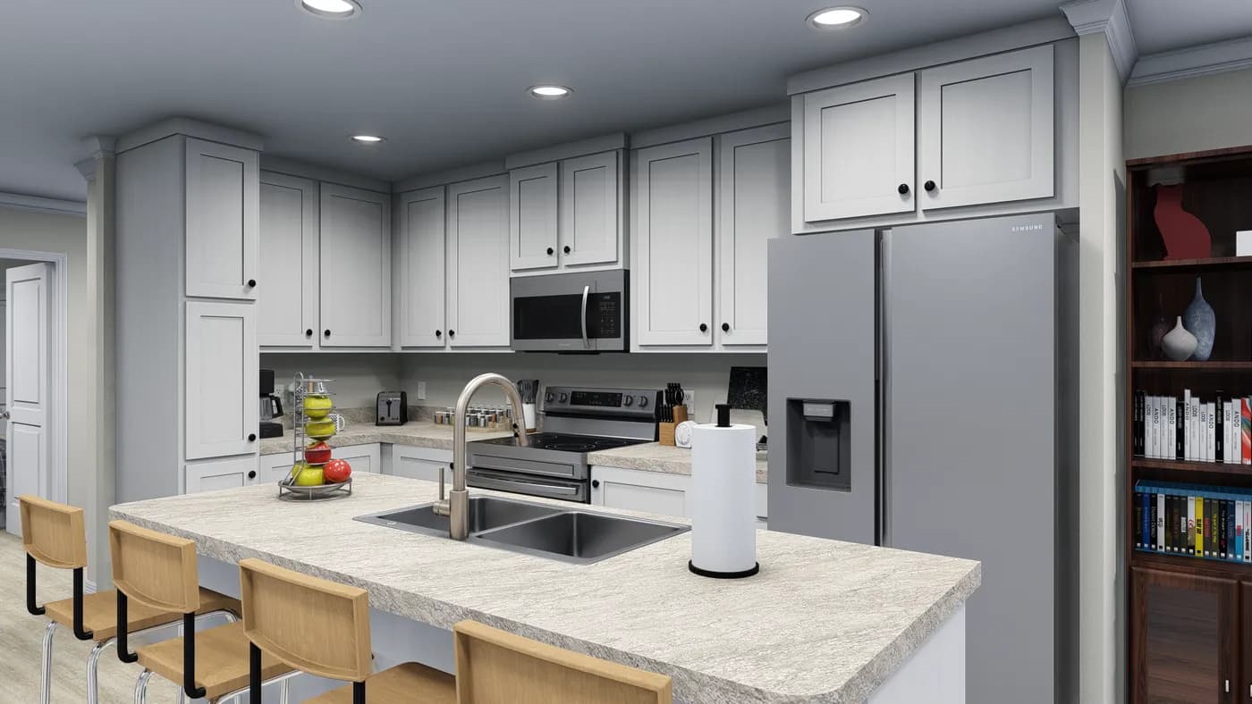 The 7010 "YADKIN" 7616 Kitchen. This Manufactured Mobile Home features 3 bedrooms and 2 baths.