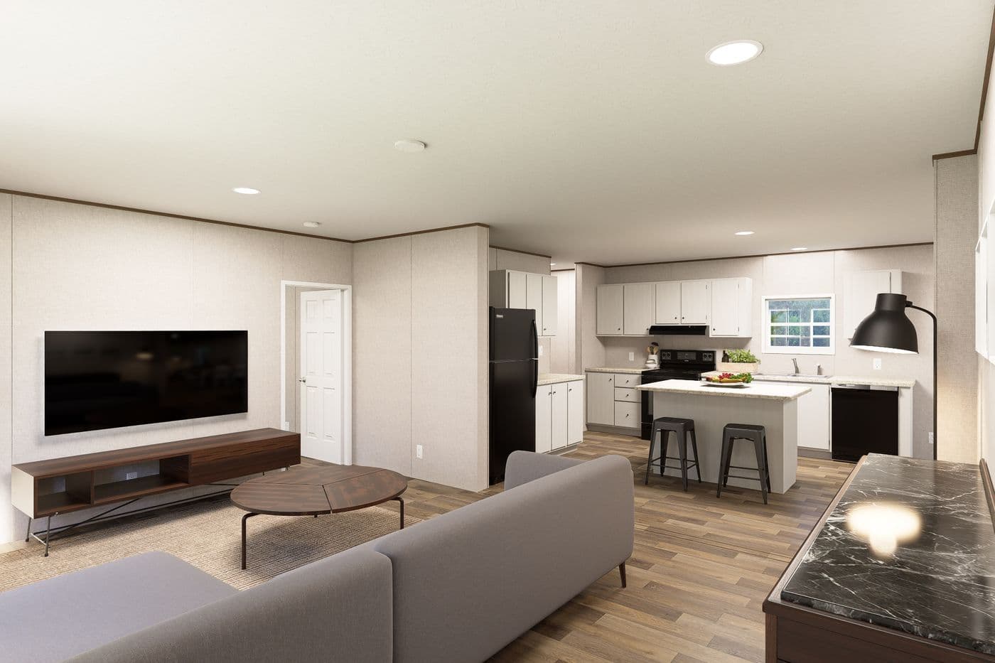 The CEDAR Living Room. This Manufactured Mobile Home features 3 bedrooms and 2 baths.