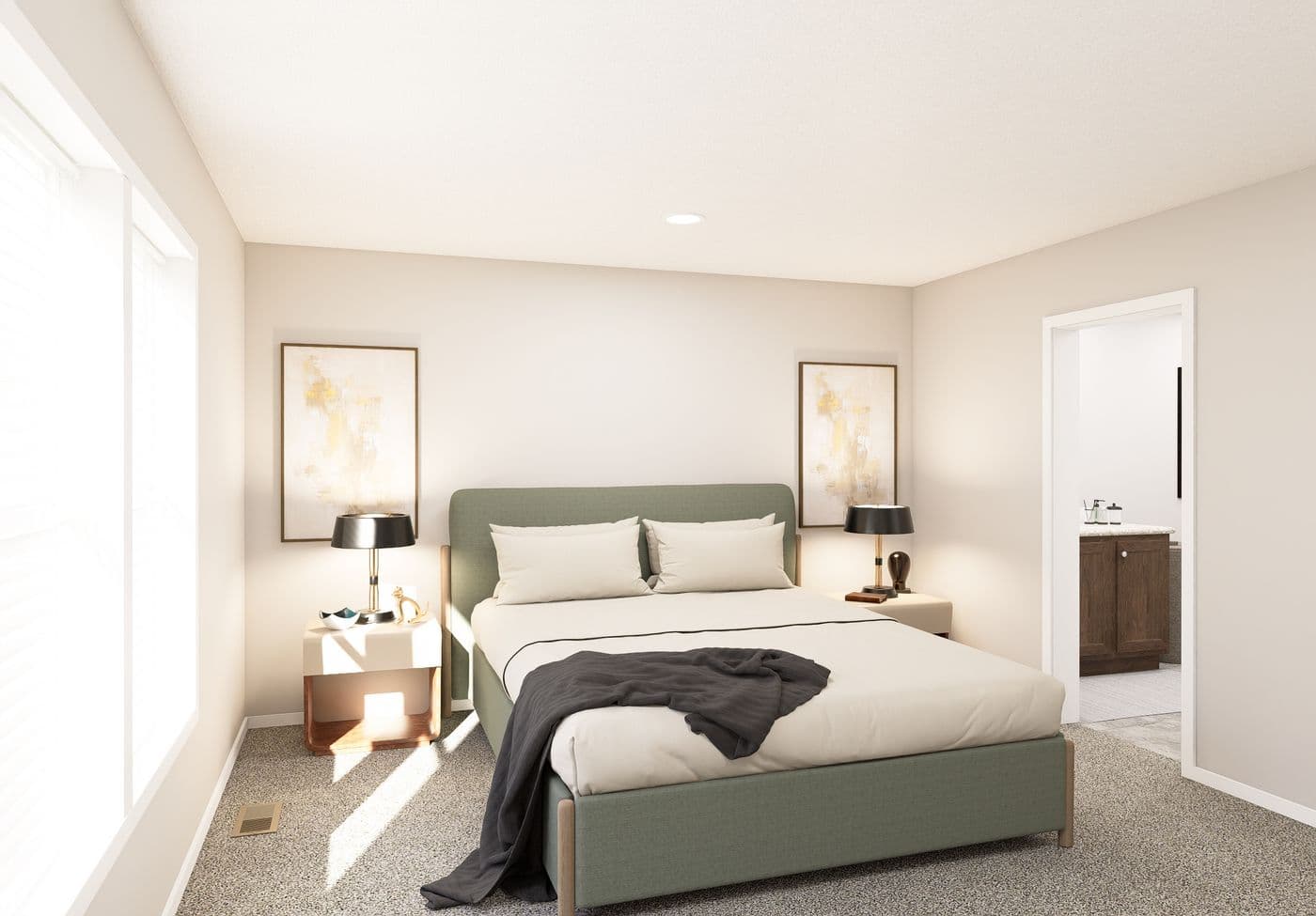 The SLE 681F Primary Bedroom. This Manufactured Mobile Home features 4 bedrooms and 2 baths.