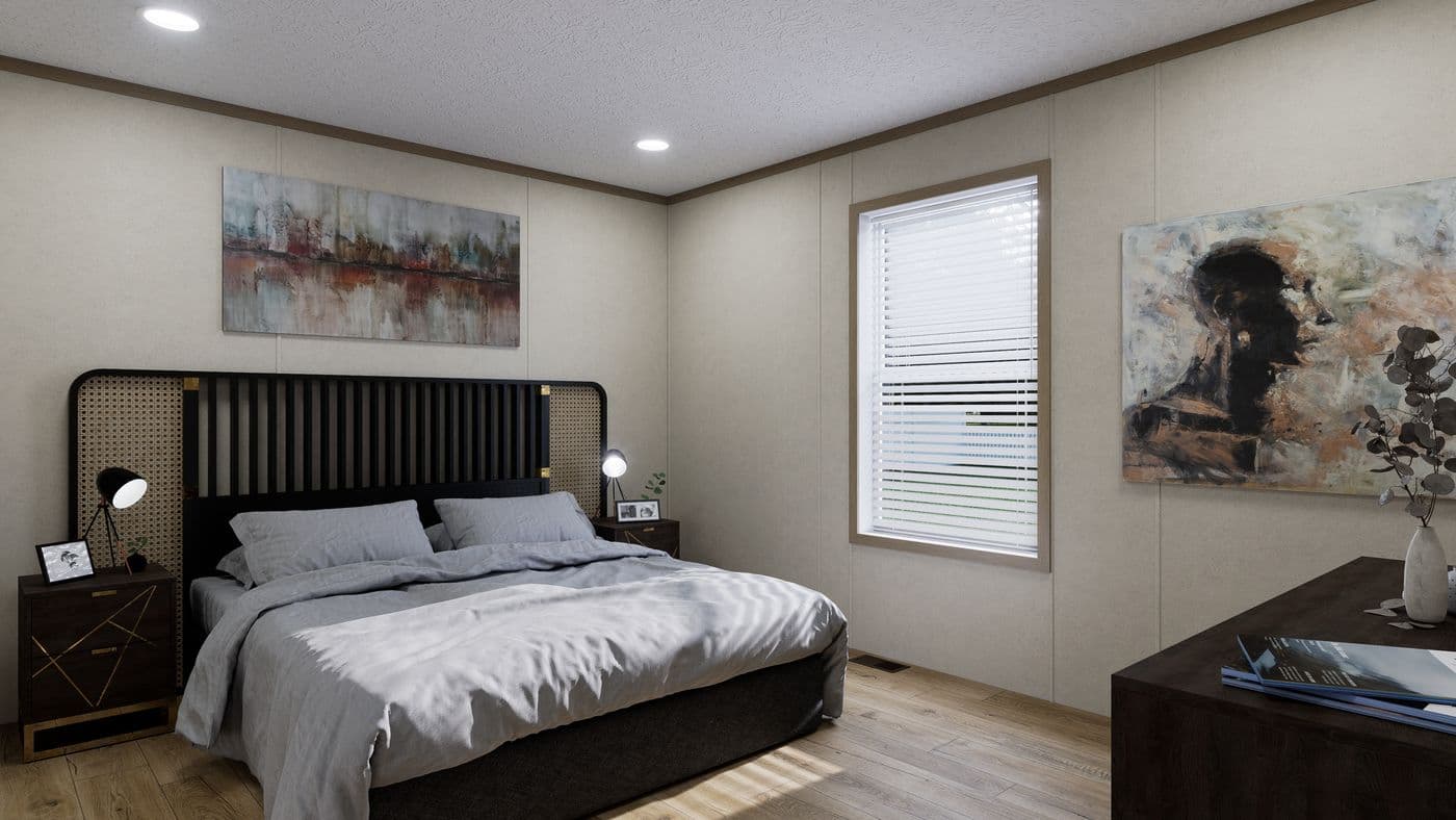 The 5624-CC56 GUARDIAN 56 Primary Bedroom. This Manufactured Mobile Home features 3 bedrooms and 2 baths.