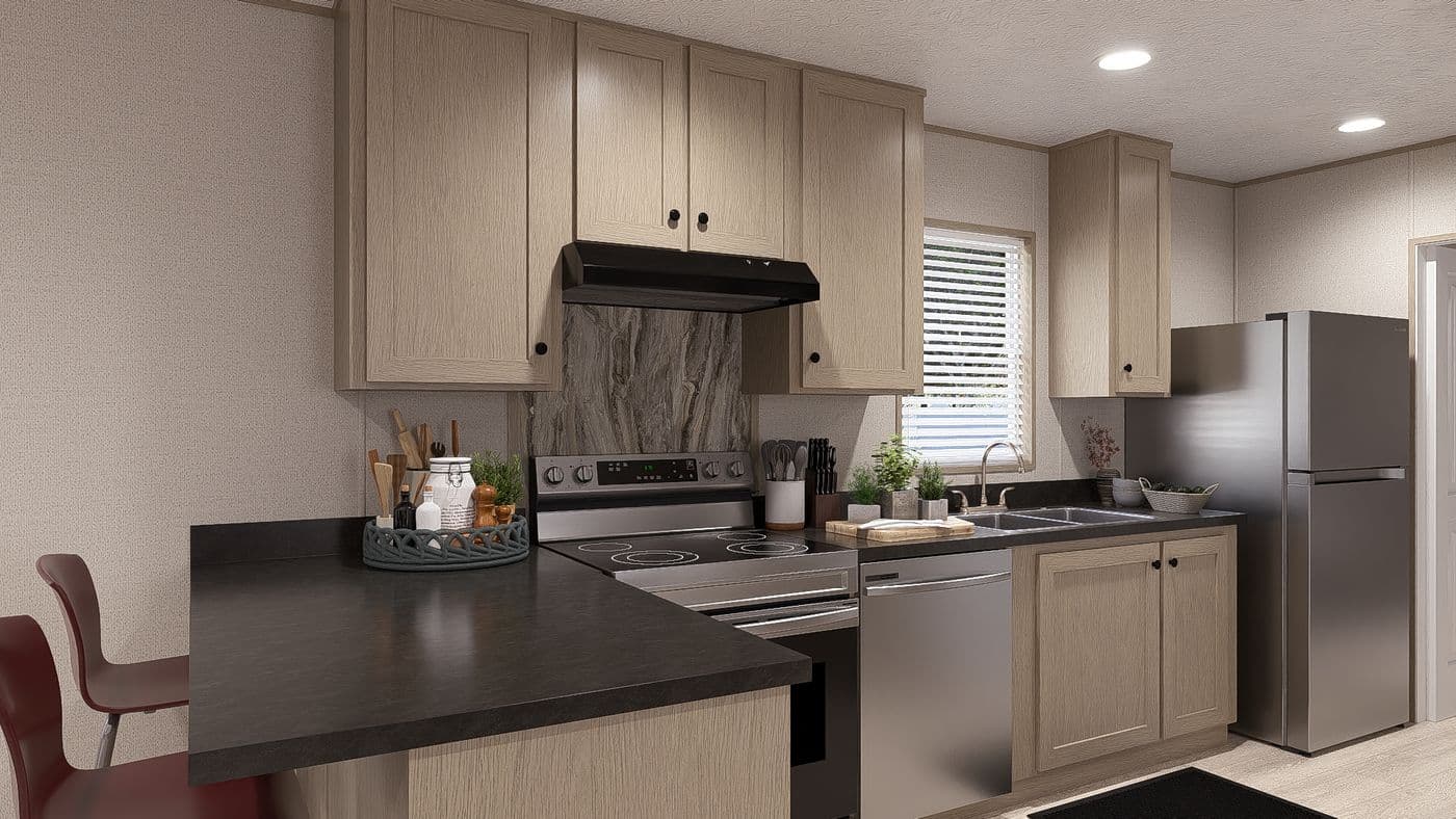 The BLAZER 66 B Kitchen. This Manufactured Mobile Home features 3 bedrooms and 2 baths.