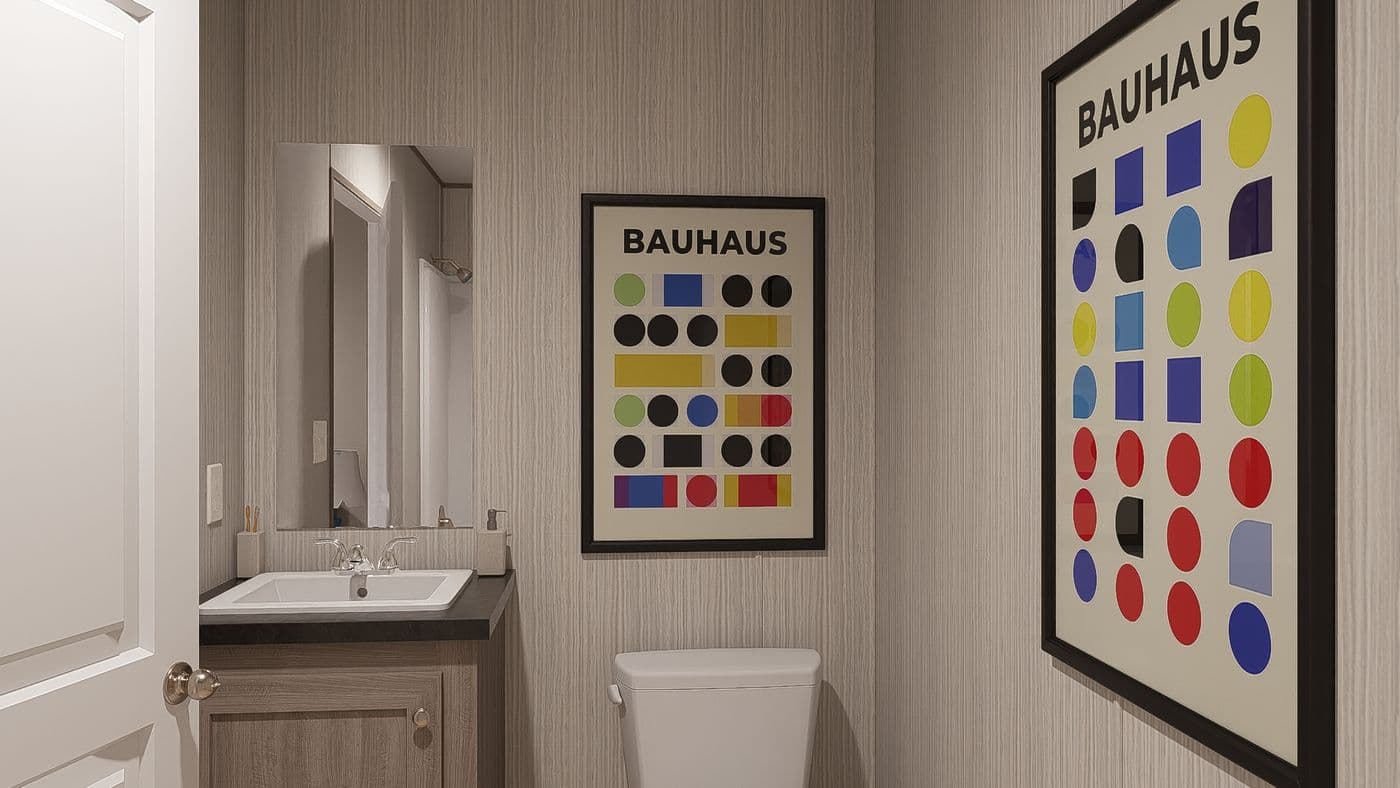 The BLAZER 56 B Primary Bathroom. This Manufactured Mobile Home features 2 bedrooms and 2 baths.